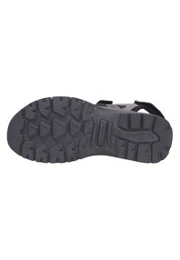 Semelle de chaussure en caoutchouc noir avec des motifs de semelle profonds et une surface texturée. Présente des sangles attachées pour un ajustement sécurisé, montrant une construction durable.