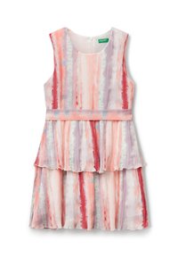 Vestido multicolorido con rayas verticales en rojo, rosa y púrpura. Diseño sin mangas, falda en capas con una textura suave, cremallera trasera oculta.