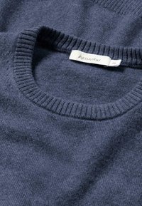 Dunkelblauer Wollpullover mit geripptem Rundhalsausschnitt und Saum. Kleinlabel mit "hessnatur" und Größe 48 ist in der Nähe des Kragens sichtbar. Weiche Textur.