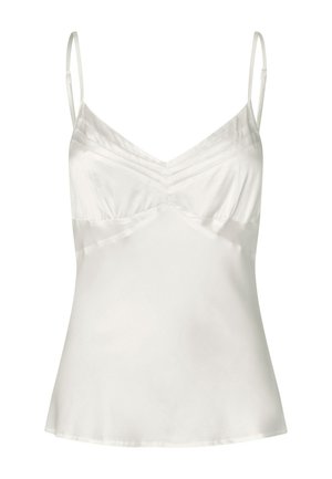 Top in raso bianco con sottili spalline regolabili e dettagli plissettati sottili sul busto, leggermente svasato in vita.