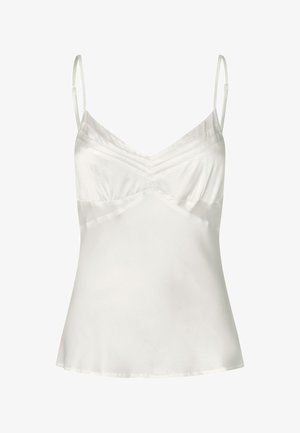 Hvid satin camisole-top med tynde, justerbare stropper og diskrete plisserede detaljer ved busten, der svajer let ud ved taljen.