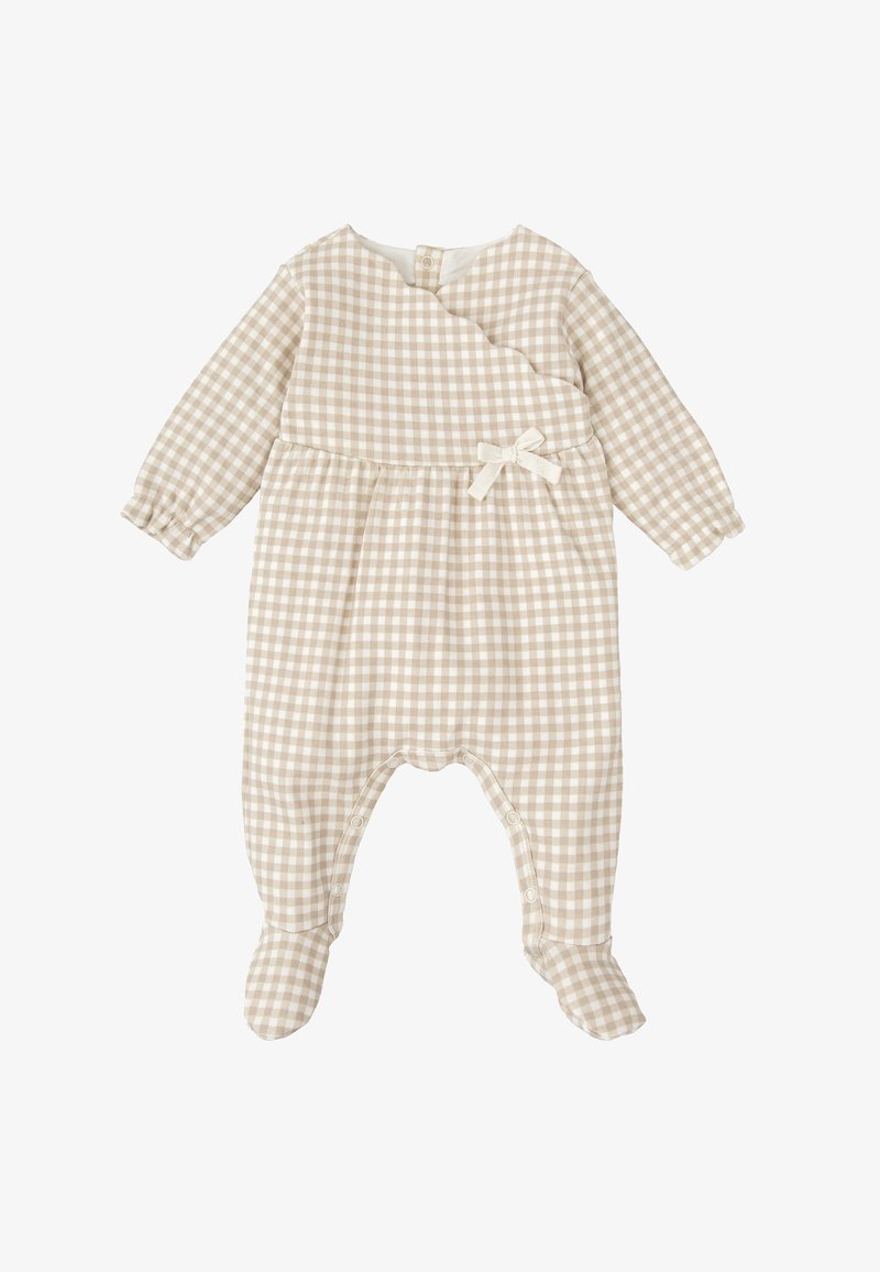 Mono de cuadros en beige con mangas largas, diseño cruzado, acento de lazo en la cintura y cierres a presión en la parte inferior y en la espalda. Tejido suave y texturizado.