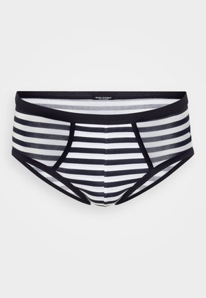Gestreifte Herrenunterhosen in Schwarz und Weiß, mit einem weichen, elastischen Bund, konturiertem Beutel und glattem Stoffoberfläche.