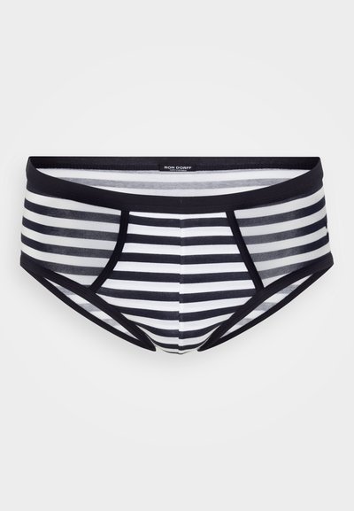 Gestreifte Herrenunterhosen in Schwarz und Weiß, mit einem weichen, elastischen Bund, konturiertem Beutel und glattem Stoffoberfläche.