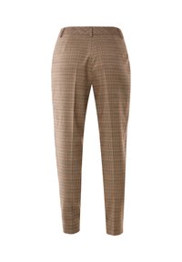 Pantaloni a quadri marroni con vestibilità slim, dotati di una parte anteriore piatta, tasche laterali e una leggera lucentezza. Il motivo a quadri include accenti arancioni e gialli.