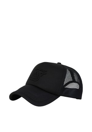 Zwarte baseballpet met gebogen klep, geborduurd logo aan de voorkant en mesh achterpanelen voor ventilatie.