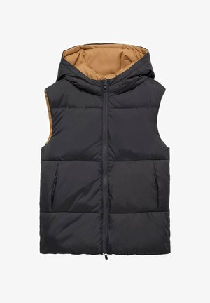 Črna oblazinjena brezrokavnika s kapuco, s rjavim notranjim podlogom. Sprednja zapirala na zadrgo in dve stranski žepti. Gladka tekstura.