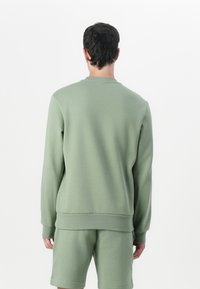 Grüner Sweatshirt aus weichem Stoff, mit langen Ärmeln, rundem Halsausschnitt und gerippten Bündchen. Getragen mit passenden Shorts, Ansicht von hinten.