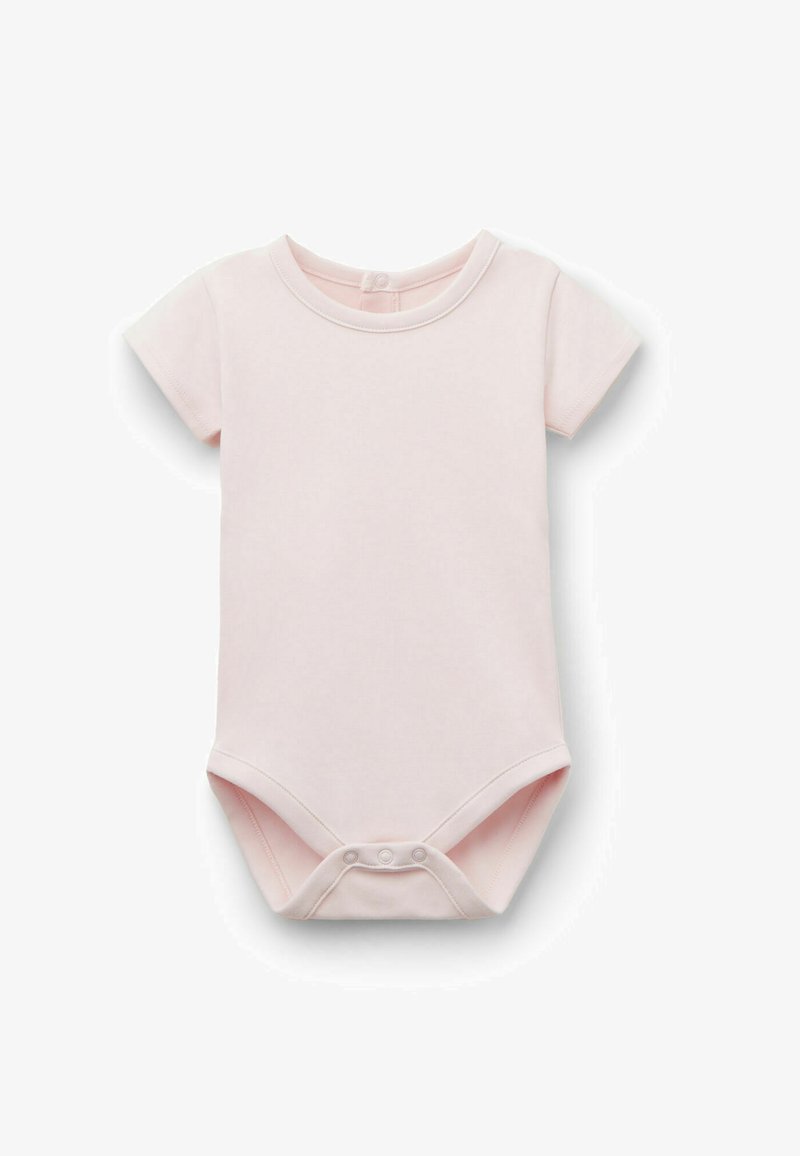 Bodysuit pour bébé à manches courtes en coton rose tendre, avec un col rond et des fermetures à pression en bas pour un habillage facile.