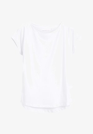 T-shirt bianco a maniche corte con scollatura rotonda, texture morbida e orlo leggermente curvo. Nessun motivo visibile o dettagli metallici.