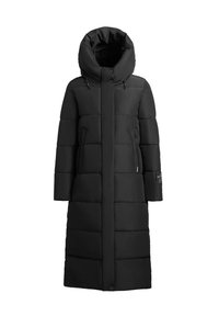 Sort pufferjakke med en lang silhuet, stor hætte, vandret quiltet design og lynlåslommer; glat tekstur og minimalistisk stil.