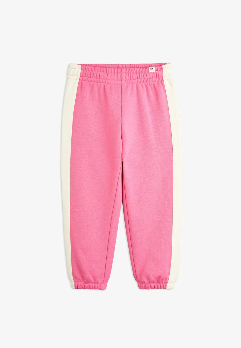 Rosa Jogginghose mit weißen Seitenpaneelen, elastischem Bund und schmal zulaufenden Knöcheln. Weiche Textur mit gebürsteter Oberfläche, Größe 'M'.