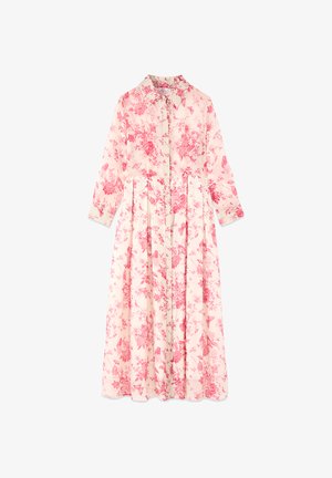 Langärmliges, kragenbesetztes Hemdkleid mit rosa Blumenmuster auf hellem Cremehintergrund, tailliert und mit plissiertem Rock.