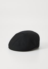 Black beret made of woven fabric, featuring a rounded, structured shape with a textured surface and subtle ribbed pattern.
