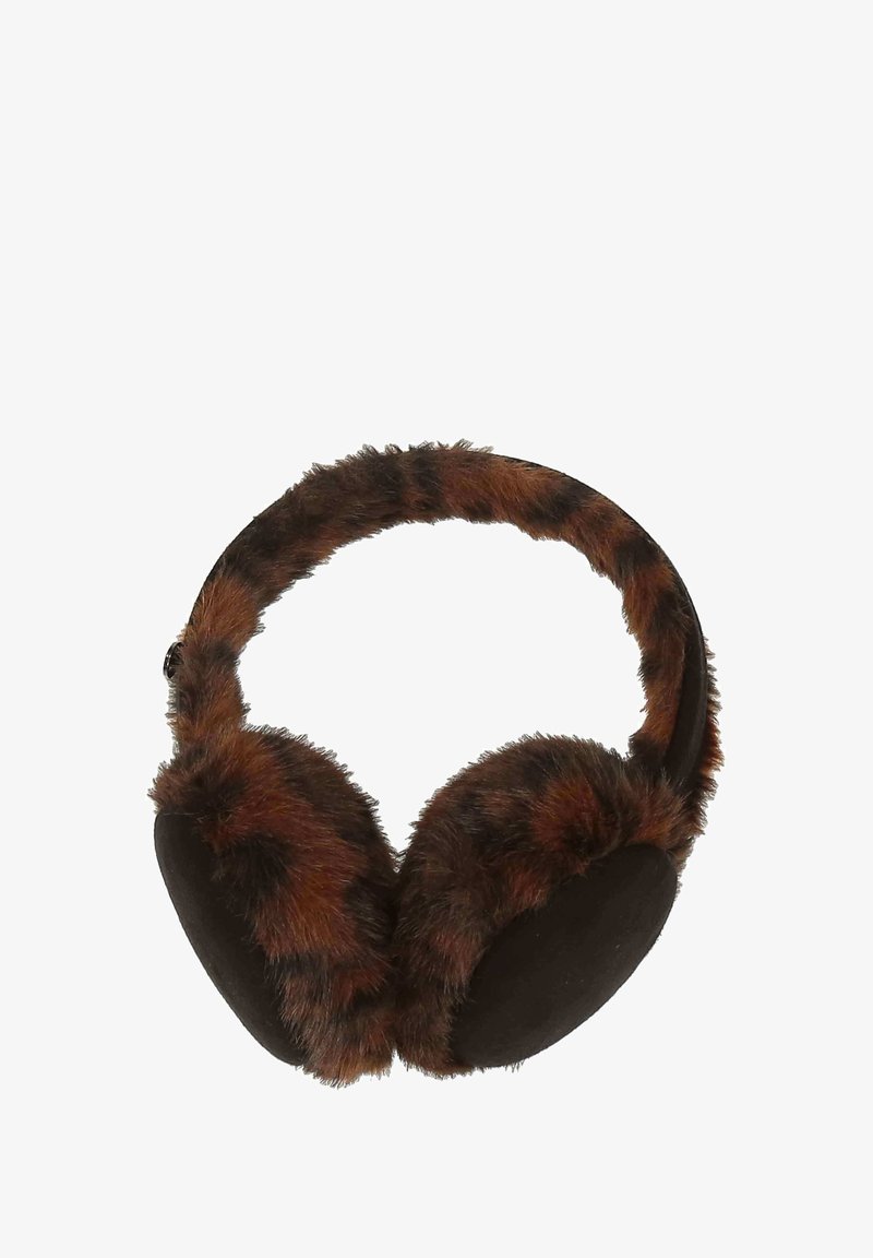 Cuffie di pelliccia finta marrone con interni in suede nero, dotate di un morbido archetto imbottito e padiglioni auricolari arrotondati per garantire calore.