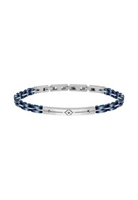 Bracciale argento e blu navy con bande collegate, superficie liscia e lucida, un dettaglio rettangolare centrale con design decorativo e piccoli accenti.