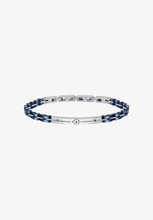 Bracciale argento e blu navy con bande collegate, superficie liscia e lucida, un dettaglio rettangolare centrale con design decorativo e piccoli accenti.