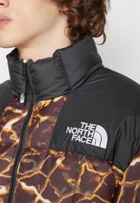 Osoba oblečená v hnědé a oranžové vzorované péřové bundě s černým hrdlem a logem "The North Face" na hrudi.