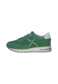 Grüner Sportschuh mit glattem Wildleder-Finish, weißen Akzenten und strukturiertem Profil. Verfügt über ein Schnürdesign und einen gepolsterten Knöchelkragen für zusätzlichen Komfort.