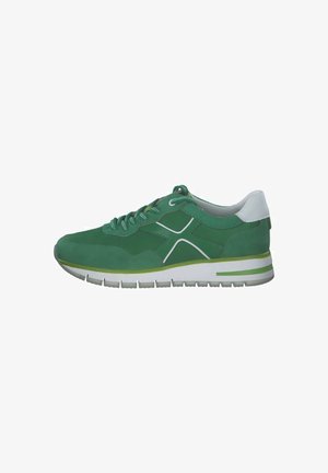 Green athletic shoe with a smooth suede finish, white accents, and a textured sole. Features lace-up design and padded collar for comfort.