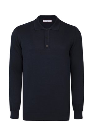 Pull polo bleu marine foncé à manches longues avec trois boutons et poignets et ourlet côtelés, présenté sur fond blanc.