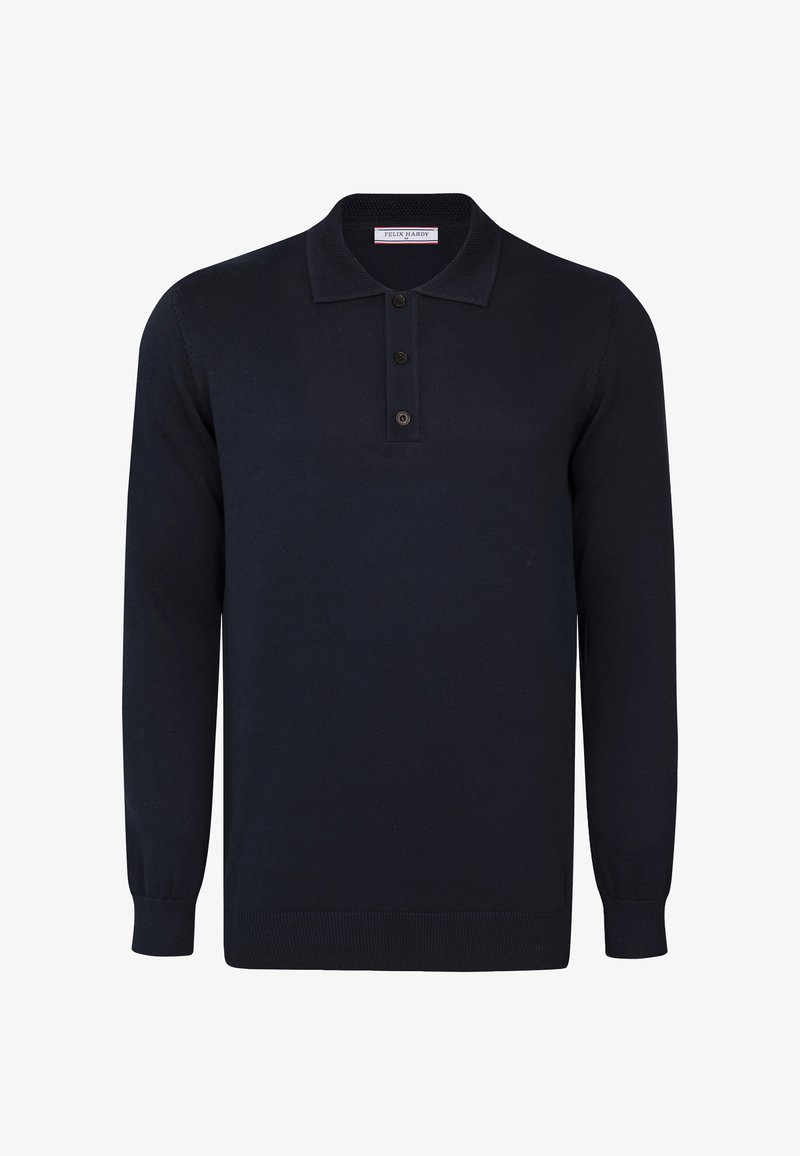 Pull polo bleu marine foncé à manches longues avec trois boutons et poignets et ourlet côtelés, présenté sur fond blanc.
