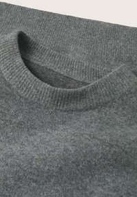 Grauer Strickpullover mit einem gerippten Rundhalsausschnitt. Weicher Stoff und eine leicht lockere Passform ohne erkennbare Muster oder Akzente.