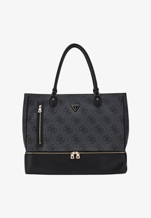 Sac cabas Guess noir et gris avec doubles poignées, imprimé logo à motifs, poche zippée verticale et compartiment zippé en bas.