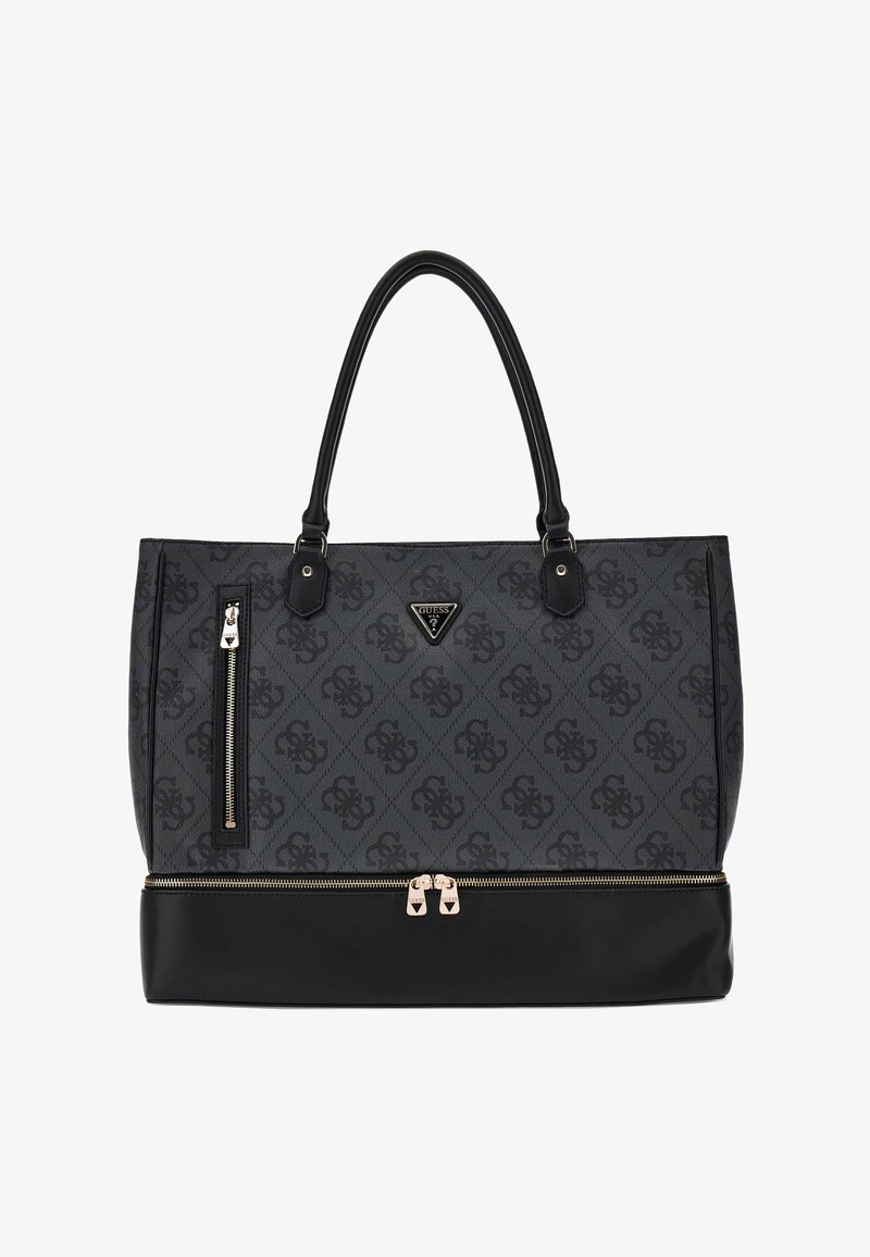 Sac cabas Guess noir et gris avec doubles poignées, imprimé logo à motifs, poche zippée verticale et compartiment zippé en bas.