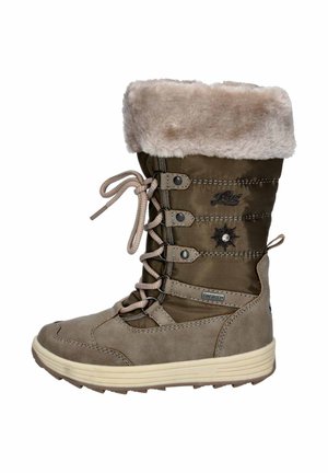 Brauner Winterstiefel mit Kunstfellkragen, Schnürverschluss, wasserabweisendem Material, gepolstertem Schaft und strukturiertem Gummisohle für besseren Halt.