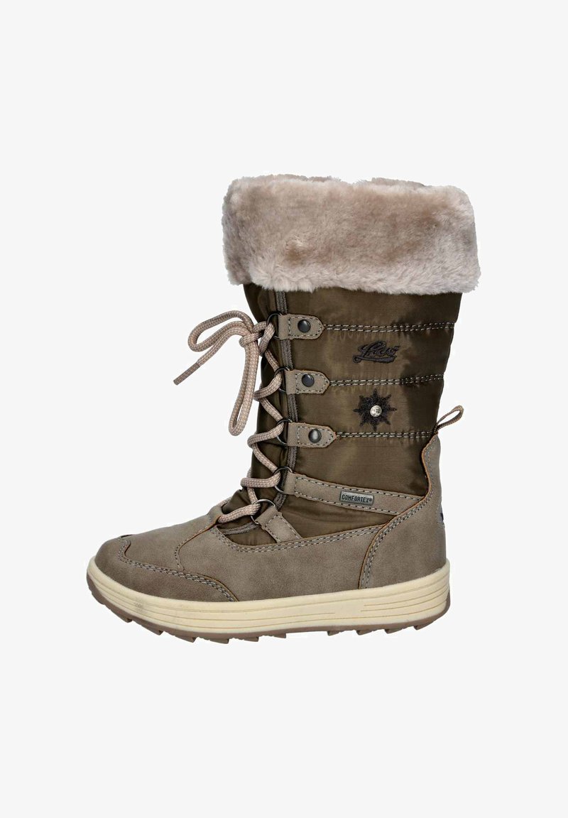 Brązowy zimowy but z futrzanym mankietem, sznurowaniem, materiałem odpornym na wodę, wyściełanym kołnierzem i teksturowaną gumową podeszwą zapewniającą przyczepność.