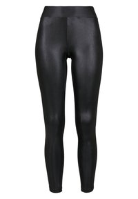 Leggings noirs en tissu brillant et extensible. Taille haute, design ajusté, texture lisse, sans coutures ni motifs visibles.