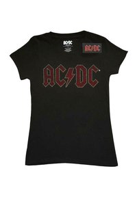 Black cotton t-shirt with short sleeves, featuring red rhinestones spelling "AC/DC" and a lightning bolt design. Classic crew neck shape.