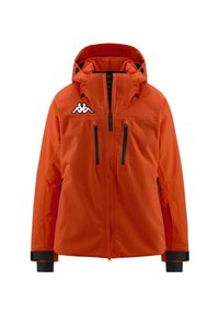 Giacca impermeabile arancione con zip frontale, cappuccio regolabile, zip nere e logo Kappa. Caratterizzata da polsini neri e tasche laterali.