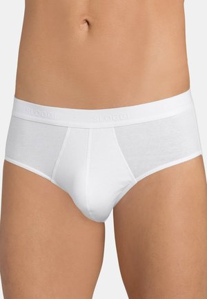 Male torso wearing plain white briefs with elastic waistband branded "Sloggi" on a neutral background.