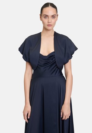 Navy satin dress with a draped neckline, short flutter sleeves, and a flared skirt. Smooth texture and elegant fit.