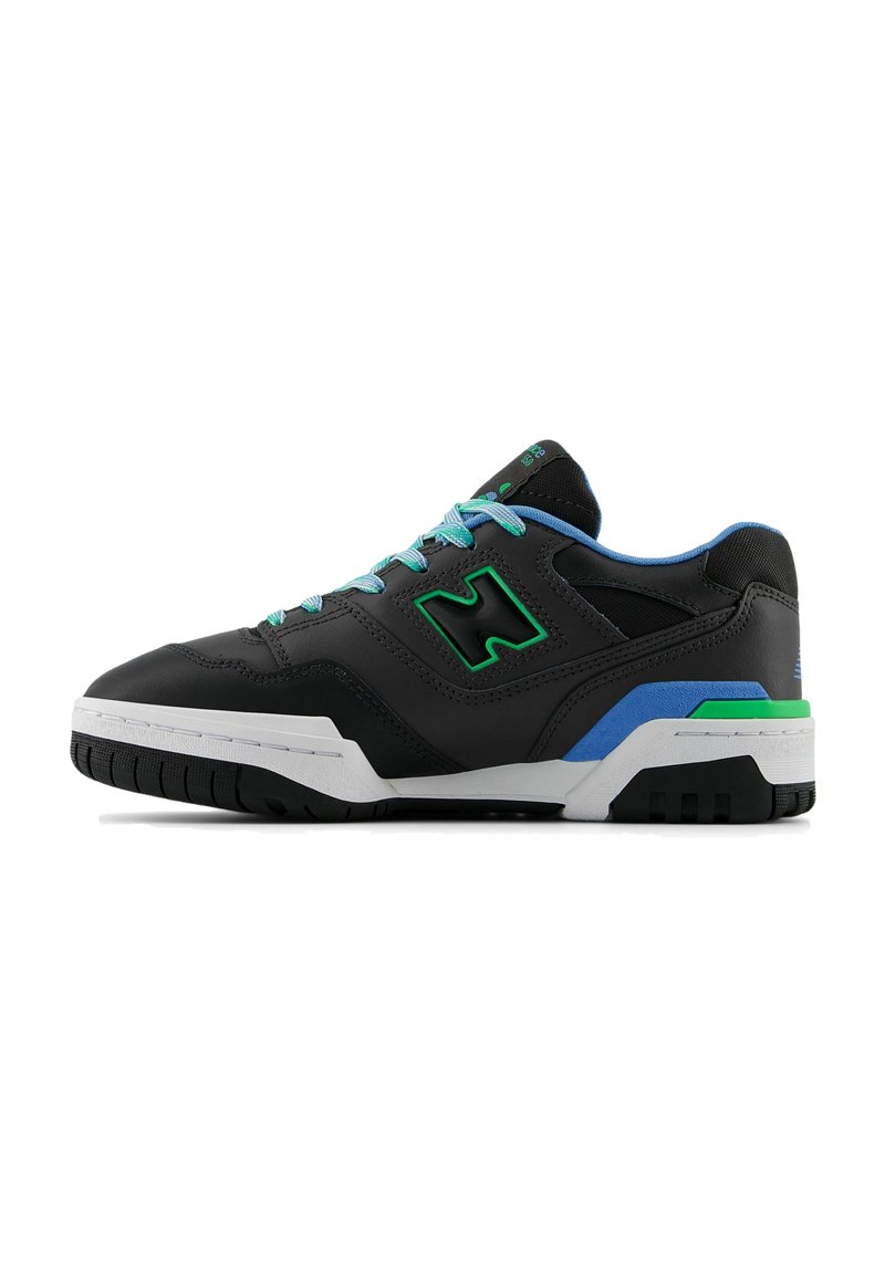 Black athletic shoe with a smooth upper, green accents, blue laces, a white midsole, and a textured black rubber sole.