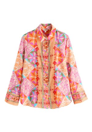 Overhemd met lange mouwen, knopen en kraag, met levendige oranje, roze en turquoise geometrische en bloemmotieven.