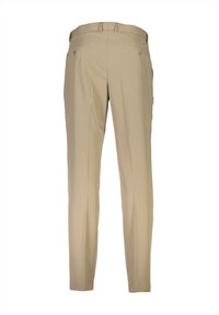 Beige Hosen mit geradem Bein, ausgestattet mit zwei Gesäßtaschen mit goldfarbenen Knöpfen und Gürtelschlaufen an der Taille. Glatte Stoffstruktur.