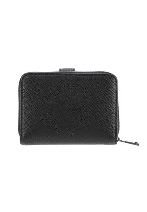 Black leather wallet with a textured surface. Features perforated design on the front and a silver zipper pull for closure.