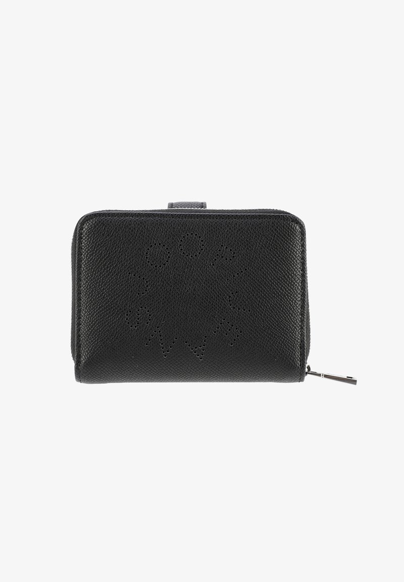 Portefeuille en cuir noir avec une surface texturée. Présente un design perforé sur le devant et une tirette en métal argenté pour la fermeture.