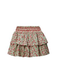 Jupe verte à volants avec motif floral rouge et rose et taille élastique smockée.
