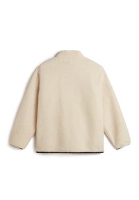Fleece overshirt i off-white, med en mjuk, texturerad yta, krage och långa ärmar med svart kant vid nederkant och manschetter.