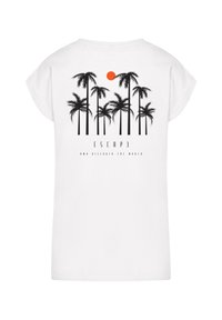 White t-shirt with short sleeves featuring a black palm tree graphic and a red sun, accompanied by “ESCAPE AND DISCOVER THE WORLD” text below.