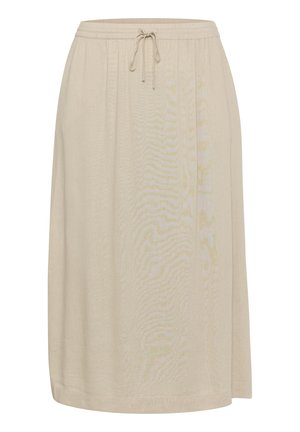 Beige midi skirt made of soft fabric with an elastic waistband and drawstring. Features a simple design and smooth, untextured surface.