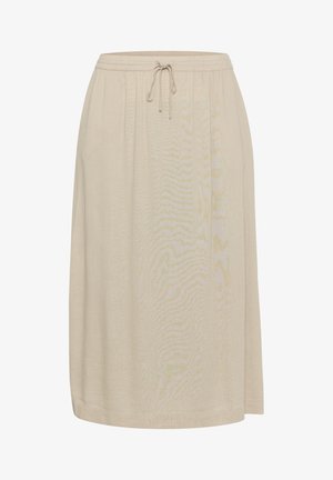 Bež midi suknja izrađena od mekanog materijala s elastičnim pojasom i vezicom. Ima jednostavan dizajn i glatku, nenatvaranu površinu.