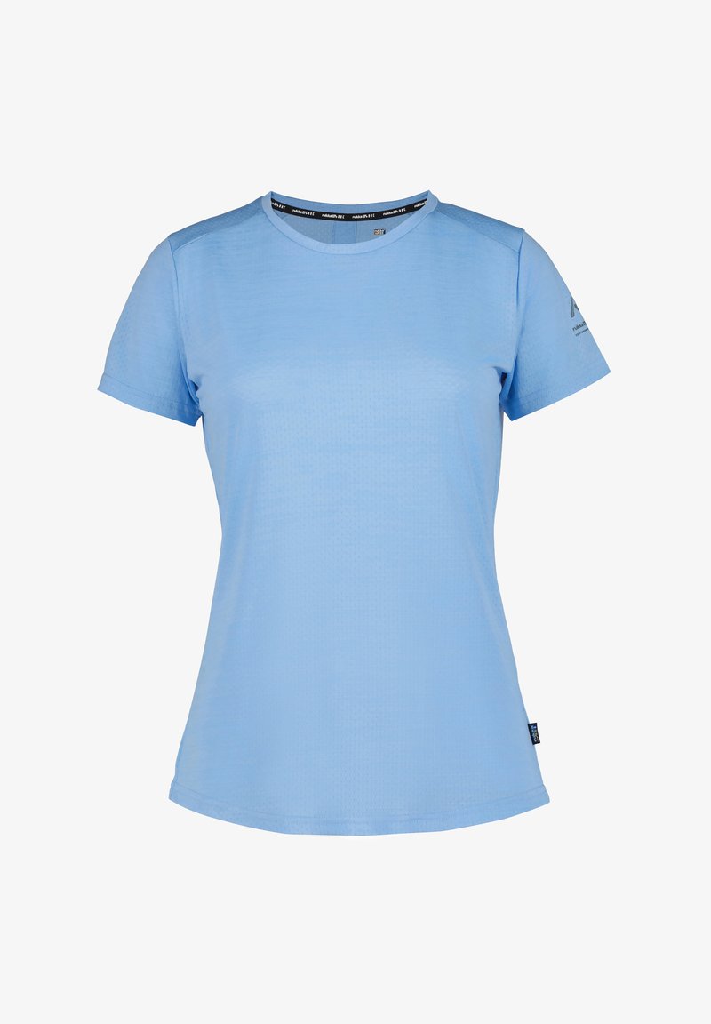 Lyseblå kortærmet atletisk t-shirt lavet af åndbart stof, med rund halsudskæring og en subtil tekstureret mønster.