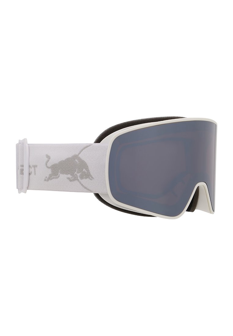 Lunettes de ski avec une monture blanche, une sangle grise arborant un logo, un large verre sombre et un rembourrage en mousse douce pour le confort et l'ajustement.