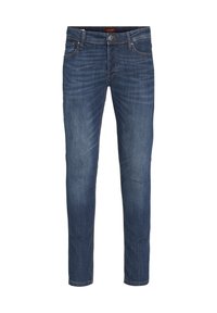Mörkblå denimjeans med slim fit, lätt blekning, femfickorsdesign och knappstängning fram. Sticksömdekoration längs sömmarna.