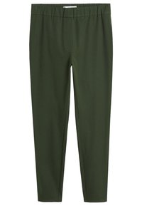 Pantalons de sport verts en stretch avec une taille élastique, présentant un design fuselé et une texture lisse. Pas de poches visibles ni d'ornements.